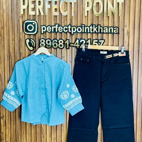 Hidden Button Emboydery Tops With Jeans